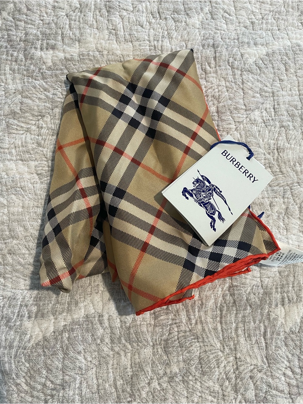 Burberry Beige Plaid Silk Scarf with Red Edge